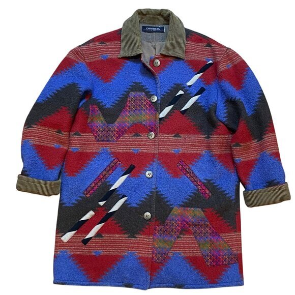 Vintage 90s Southwestern Aztec Blanket Button Down Corduroy Collar Coat Size Med